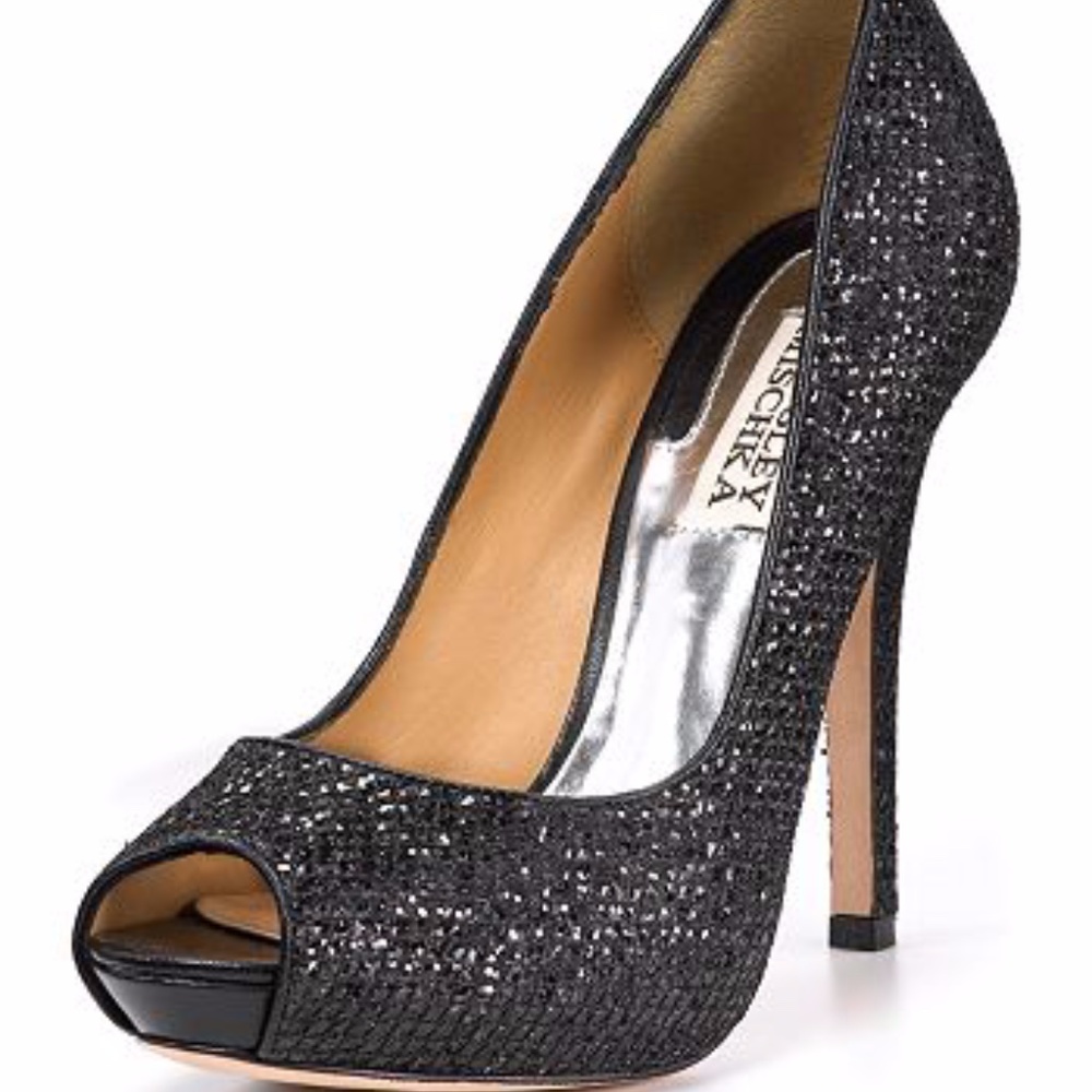 Badgley Mischka Black Sequin Peep Toe Shoes 1"Platform 4.5" Heel Size 9M